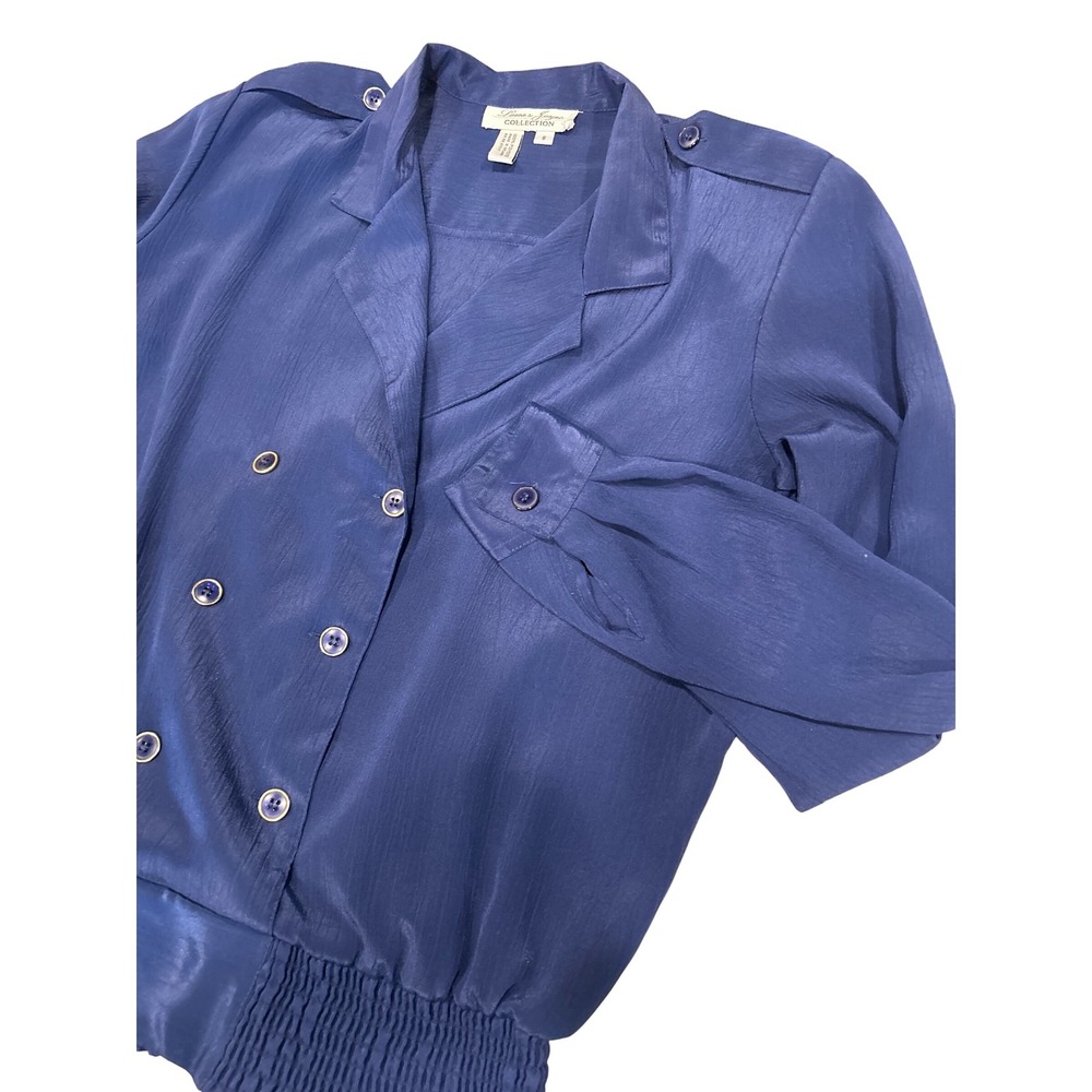 Laura& Jayne Collection Blue Double Breasted Smocked Waist Blouse Size 8 Vintage